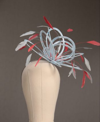 Ladies' formal Baby Blue and Coral Pink medium feather and satin loop fascinator hat. Suitable for a wedding or ladies' day at the races