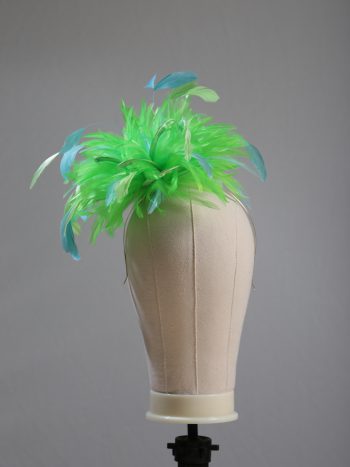 Ladies wedding or races apple lime green and aqua small feather and satin loop fascinator hat