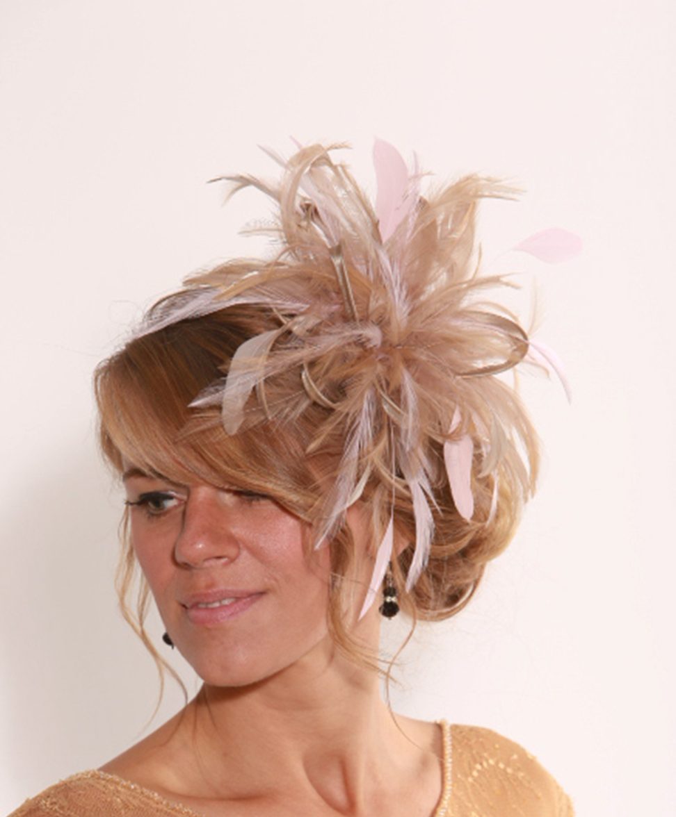 Taupe Nude Fascinator hat /& turquoise highlight//choose any colour feathers//satin