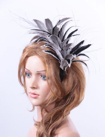 black and pale grey feather mount headband suitable for a wedding or ladies day at the races