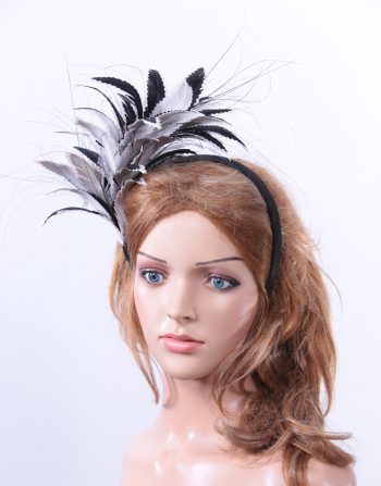 black and pale grey feather mount headband suitable for a wedding or ladies day at the races