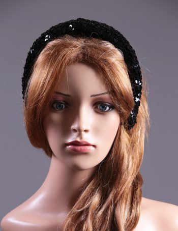 Black Sequin Padded headband Headpiece Fascinator Hat suitable for a wedding, party, or a ladies day at the races