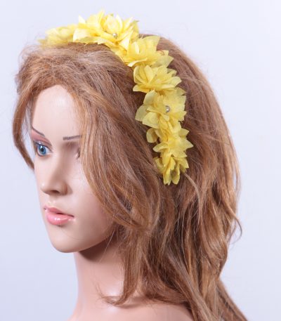 Yellow organza flower headband suitable for a ladies day at the races, bridal or a wedding