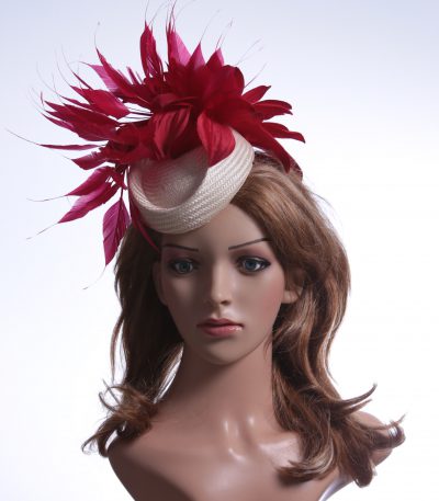 Ivory & Red Pillbox Feather Fascinator Hat