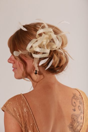 Cream small sinamay and feather fascinator hat