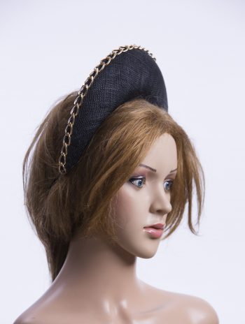 Black sinamay halo crown with gold metal chain detail Headpiece Fascinator