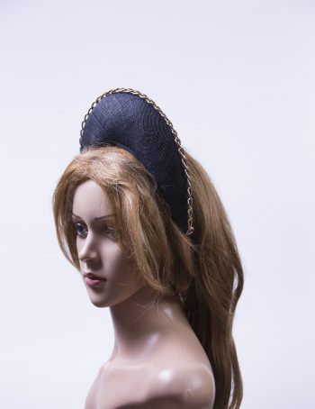 Black sinamay halo crown with gold metal chain detail Headpiece Fascinator