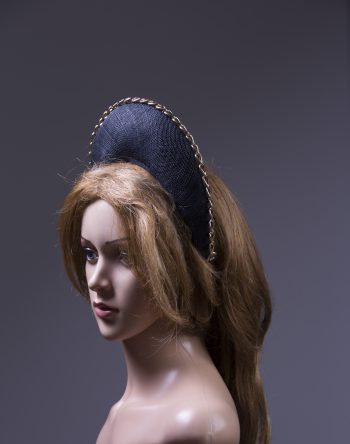 Black sinamay halo crown with gold metal chain detail Headpiece Fascinator