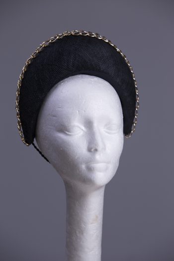 Black sinamay halo crown with gold metal chain detail Headpiece Fascinator