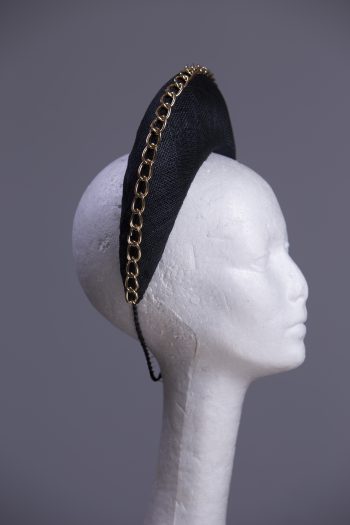 Black sinamay halo crown with gold metal chain detail Headpiece Fascinator