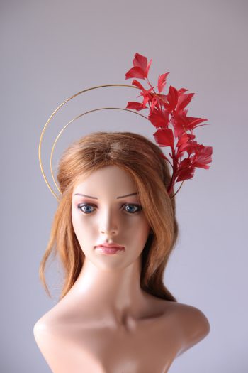 gold double halo crown with red feather tree