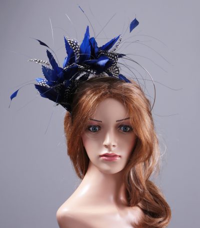 royal blue and black feather mount on a silver halo crown