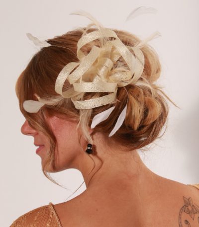 Cream small sinamay and feather fascinator hat