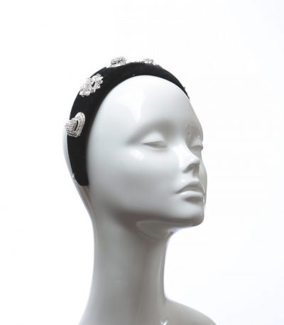 Black Rhinestone Diamante Velvet Padded crown fascinator headband