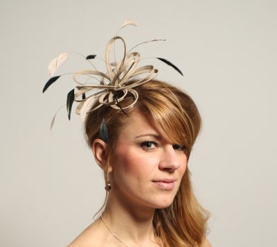 taupe nude and black feather fascinator hat