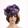 Aubergine sinamay saucer fascinator hatinator hat with purple and black orchid flowers