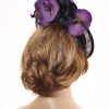 Aubergine sinamay saucer fascinator hatinator hat with purple and black orchid flowers