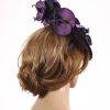 Aubergine sinamay saucer fascinator hatinator hat with purple and black orchid flowers