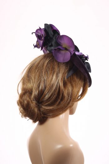 Aubergine sinamay saucer fascinator hatinator hat with purple and black orchid flowers