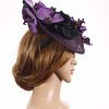 Aubergine sinamay saucer fascinator hatinator hat with purple and black orchid flowers