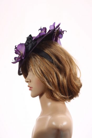 Aubergine sinamay saucer fascinator hatinator hat with purple and black orchid flowers