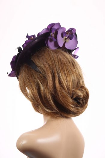 Aubergine sinamay saucer fascinator hatinator hat with purple and black orchid flowers