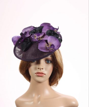 Aubergine sinamay saucer fascinator hatinator hat with purple and black orchid flowers