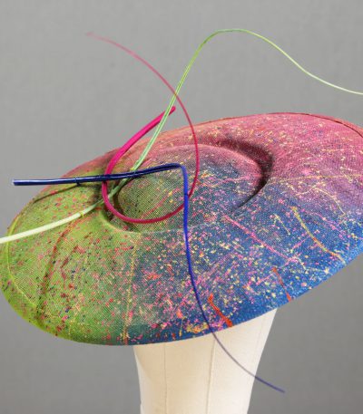 Floating quill hand painted royal, raspberry and lime paint spatter saucer fascinator hat