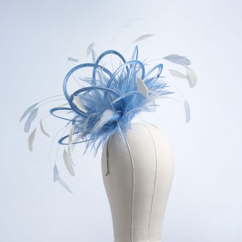 Ladies formal cornflower blue and ivory medium feather and satin loop fascinator hat. Suitable for a wedding or ladies day at the races