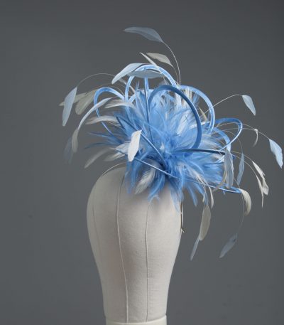 Ladies formal cornflower blue and ivory medium feather and satin loop fascinator hat. Suitable for a wedding or ladies day at the races