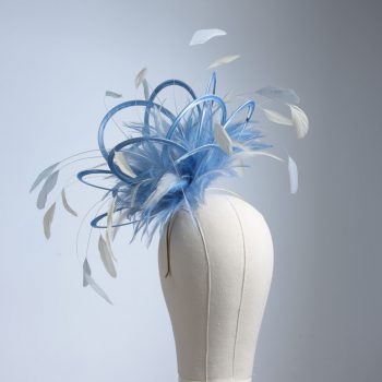 Ladies formal cornflower blue and ivory medium feather and satin loop fascinator hat. Suitable for a wedding or ladies day at the races