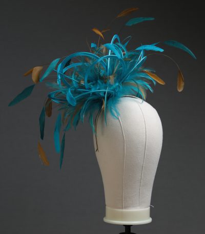 Ladies' formal Turquoise and Gold medium feather and satin loop fascinator hat. Suitable for a wedding or ladies' day at the races