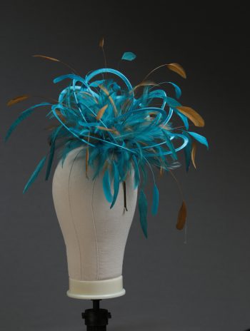 Ladies' formal Turquoise and Gold medium feather and satin loop fascinator hat. Suitable for a wedding or ladies' day at the races