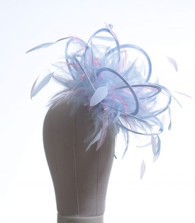 Ladies formal Baby Blue and Baby Pink Medium sized feather and satin fascinator hat. Suitable for a wedding or ladies day at the races