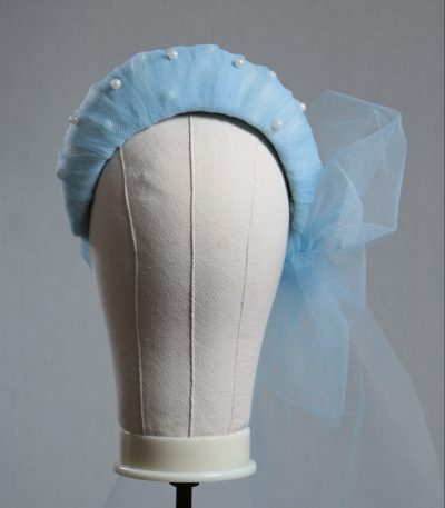 Ladies wedding or races baby blue tulle headband with pearls and bow fascinator