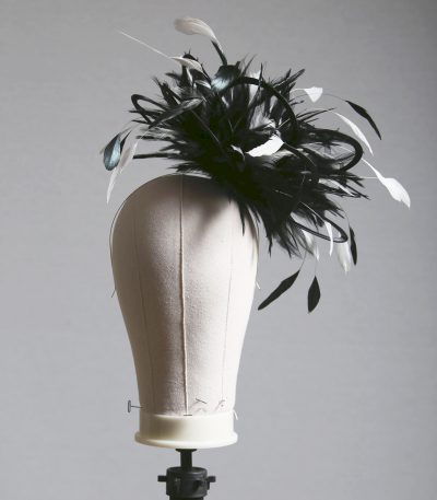 Ladies formal black and white medium feather and satin loop fascinator hat. Suitable for a wedding or ladies day at the races