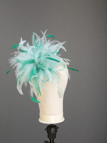 Ladies wedding or races aqua and emerald green small feather and satin loop fascinator hat