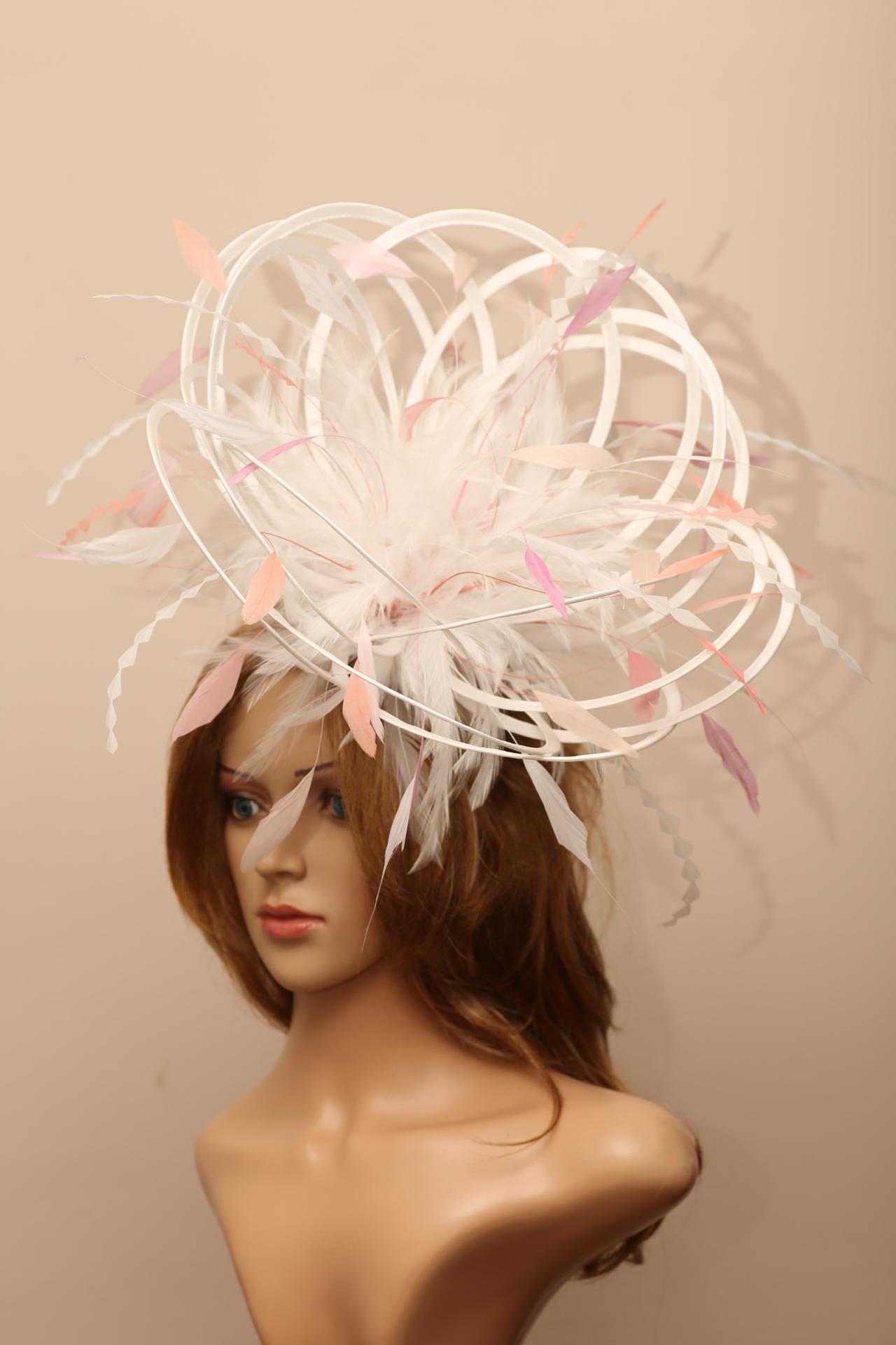 White & Baby Pink Large Satin Feather Fascinator hat with Chevron Cut ...