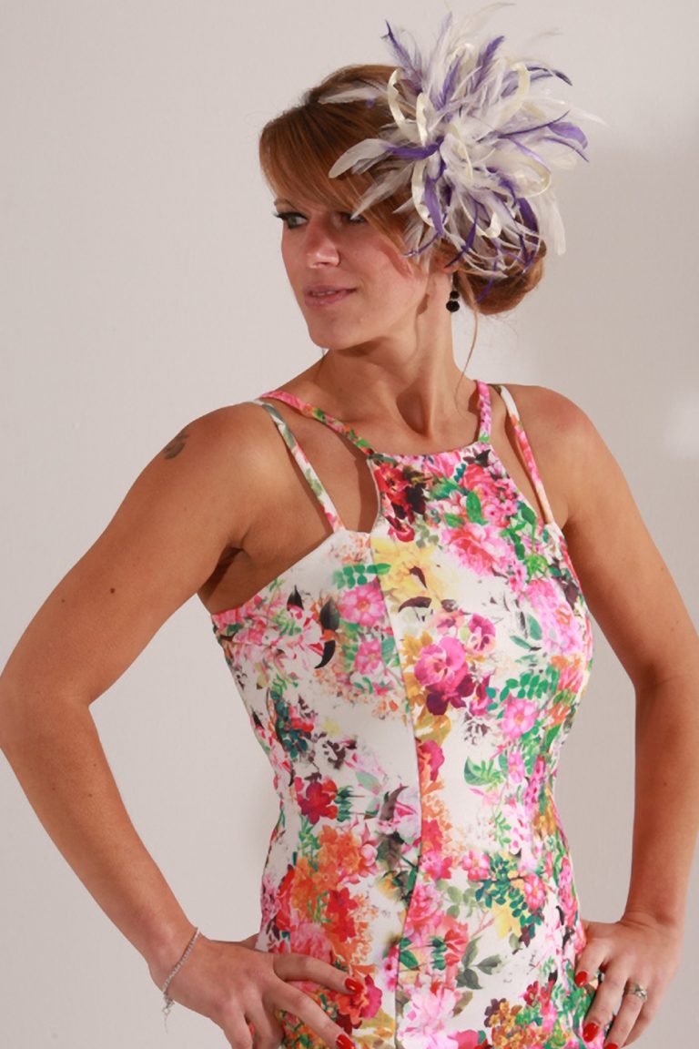 Small Cream Satin Fascinator hat with Purple feathers Abbie