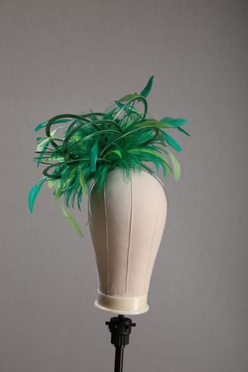 Ladies formal Emerald Green and Lime medium feather and satin loop fascinator hat. Suitable for a wedding or ladies day at the races
