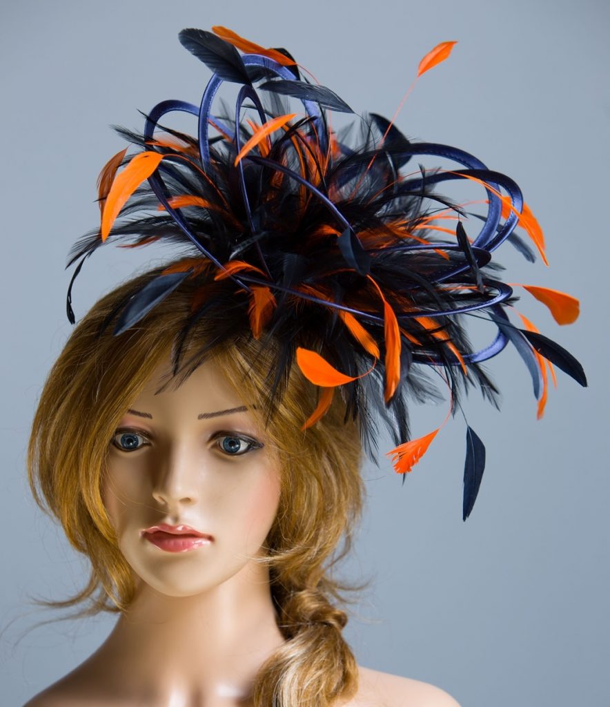 Navy Blue & Orange Satin Feather Medium Fascinator hat Martha