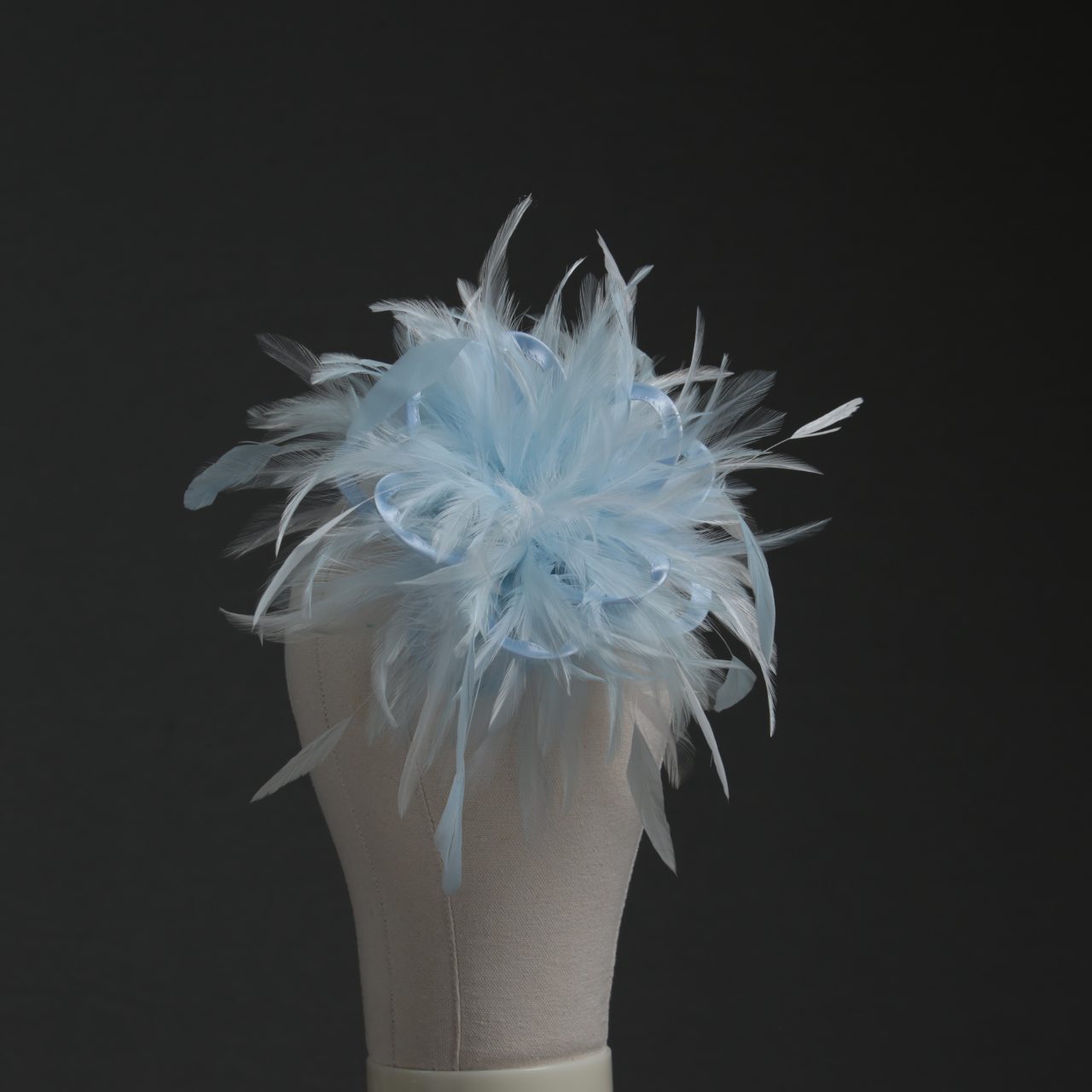 Ladies wedding or races baby blue and white small feather and satin loop fascinator hat