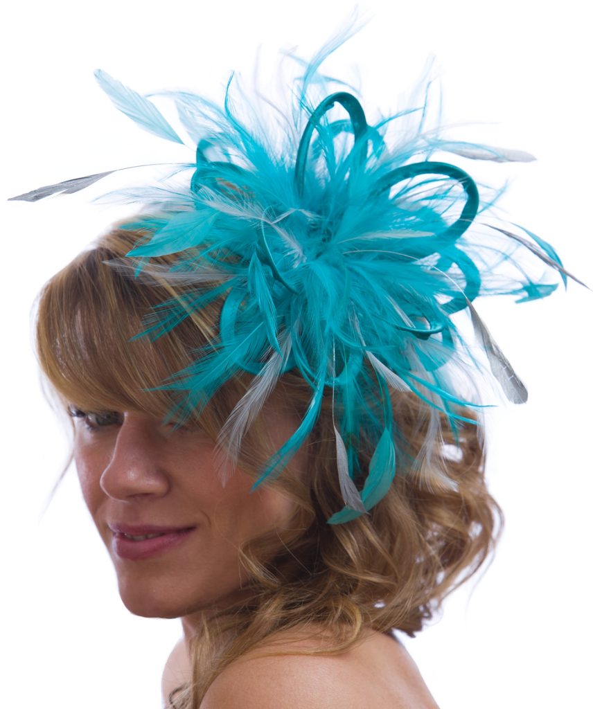 Turquoise and Silver Feather Small Fascinator hat Abbie Maighread Stuart Millinery