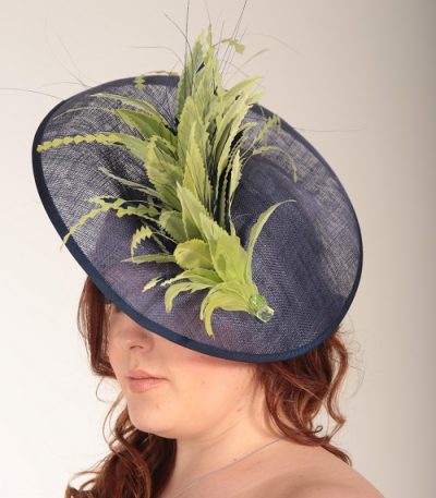 Navy Blue and lime green feather saucer fascinator hatinator hat