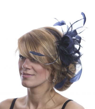 Navy Blue small sinamay and feather fascinator hat