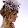 baby pink and navy blue small fascinator feather hat