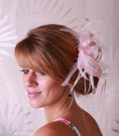 baby pink small sinamay and feather fascinator hat