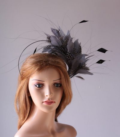 pewter grey feather mount on a black halo crown headband