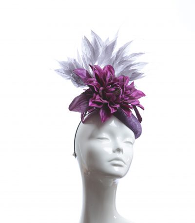 plum purple pewter feather pillbox fascinator hat