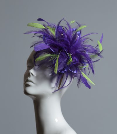 purple and acid lime green small feather fascinator hat